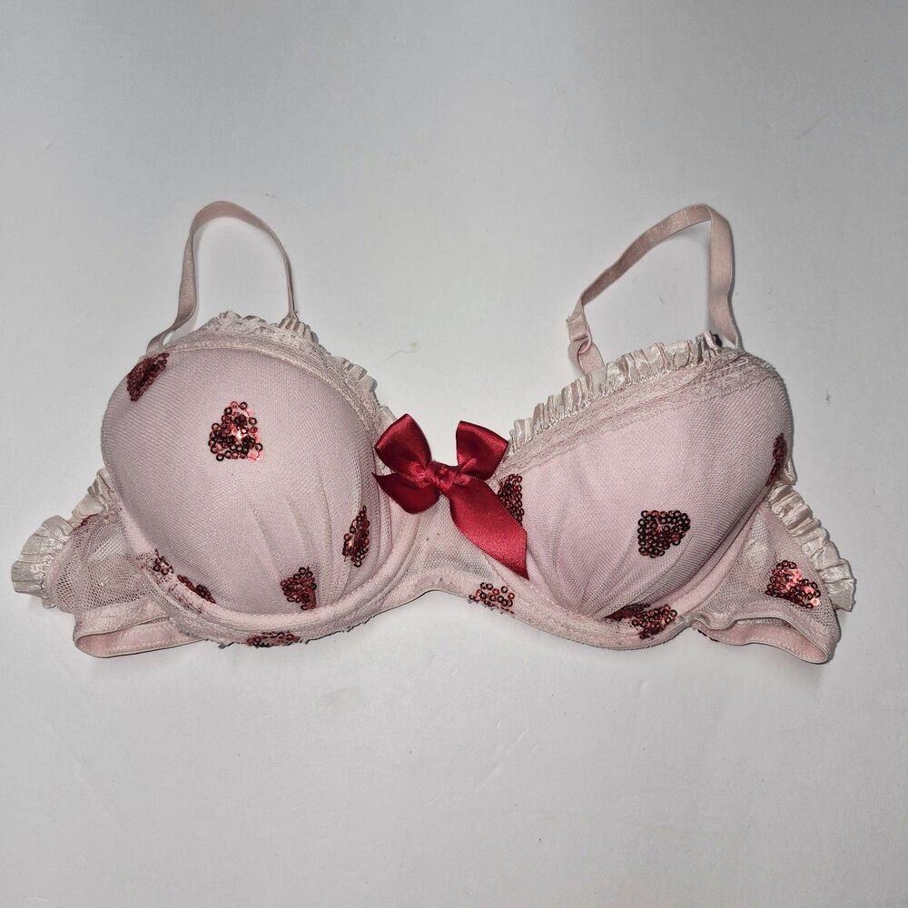 Victoria's Secret Sexy Little Things Sequin Heart Bra 34B Pink Ruffle Coquette
